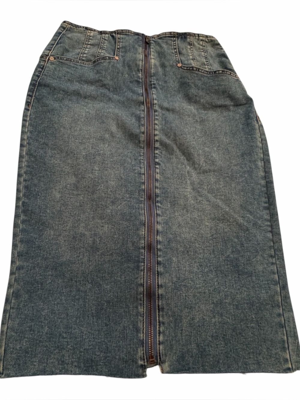 Suzy Shier Denim Zip-Front Midi Skirt-Size Medium-Stretchy